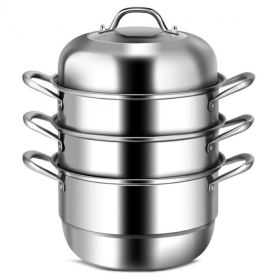 Multi Tiers Kitchen Pan Cookware Stainless Steel Steamer Set (Color: silver, Material: Stainless steel+ tempered glass)